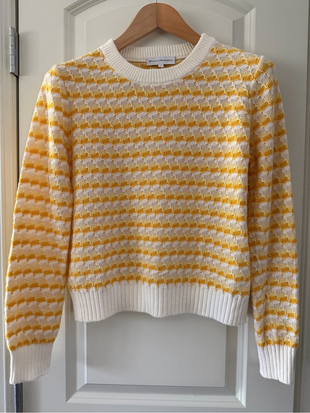 White + Warren Yellow & Cream Textured Crewneck Sweater women’s small - Picture 2 of 5